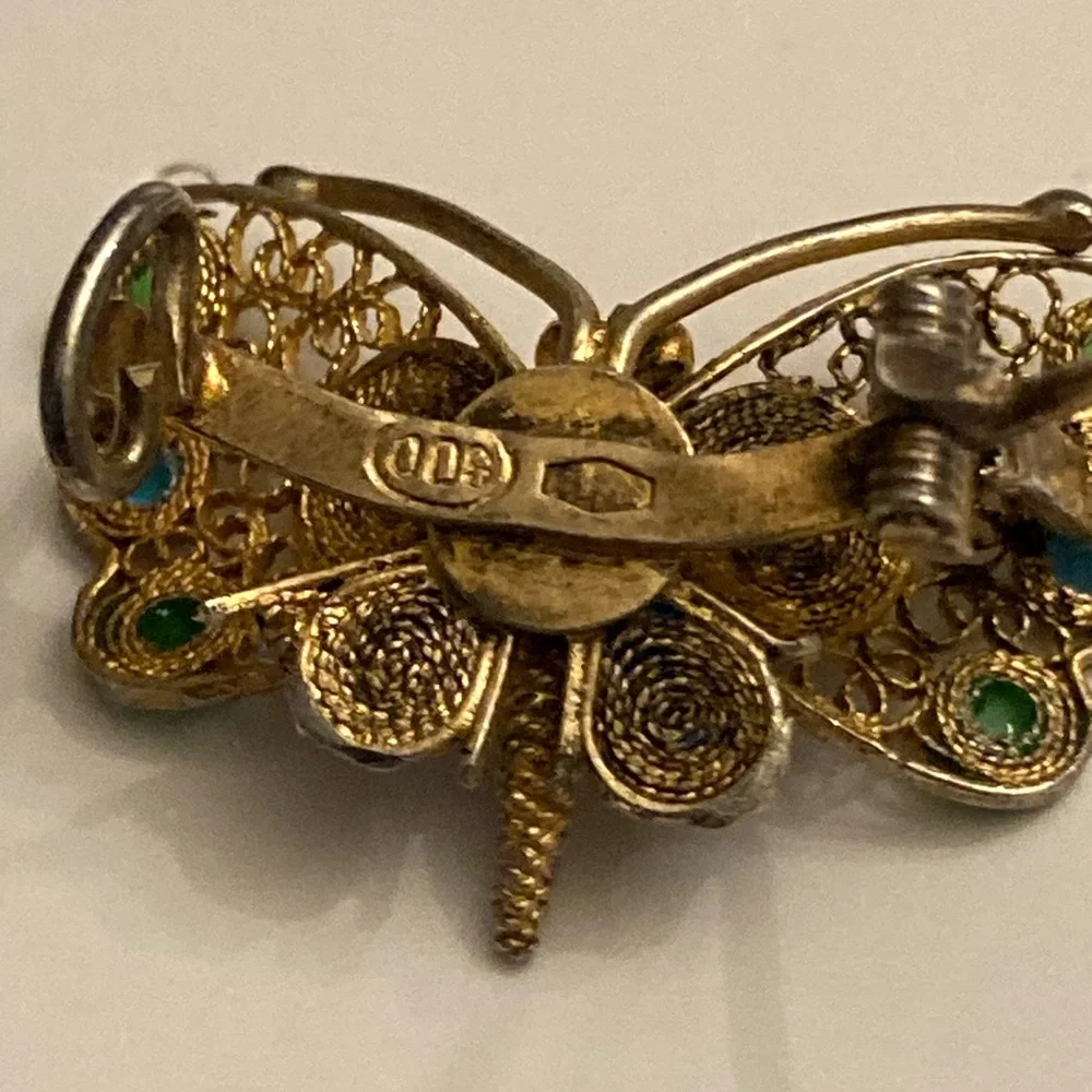Vintage Italian 800 Gold Filigree Cloisonne' Butterfly Pin